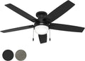 Hunter Fan 52 Inch Matte Black Ceiling Fan with Light and Pull Chain, Low Profile Fan for Bedroom, Living Room, Dining Room, Kitchen, Office (Renewed)