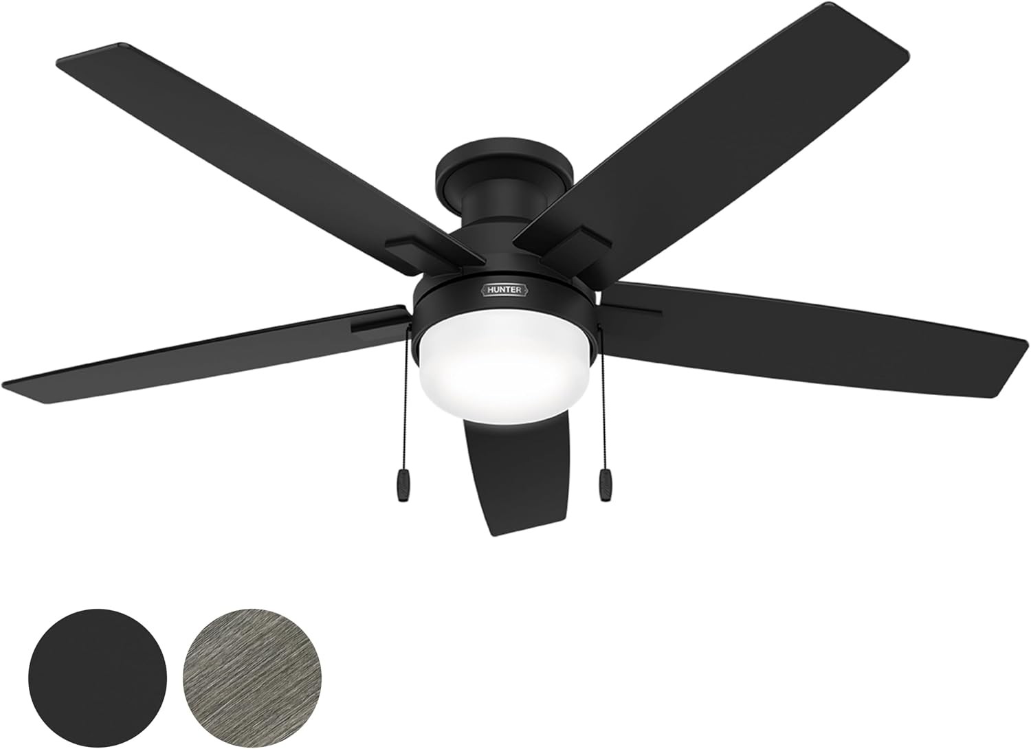 Hunter Fan 52 Inch Matte Black Ceiling Fan with Light and Pull Chain, Low Profile Fan for Bedroom, Living Room, Dining Room, Kitchen, Office (Renewed)