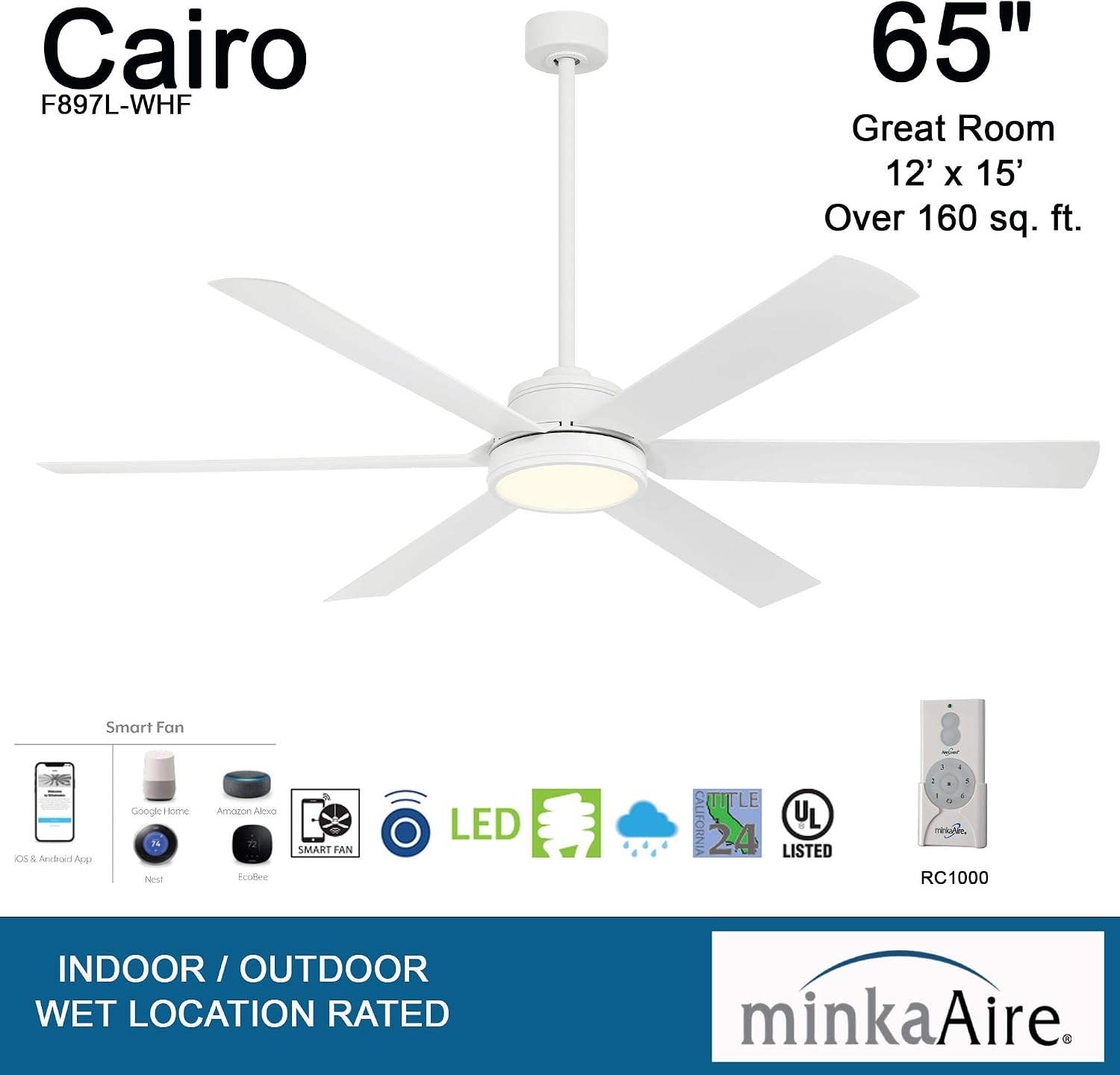 MINKA-AIRE F897L-WHF Cairo 65' 6-Blade LED Smart Indoor/Outdoor Ceiling Fan - Flat White Finish with Matte Lens