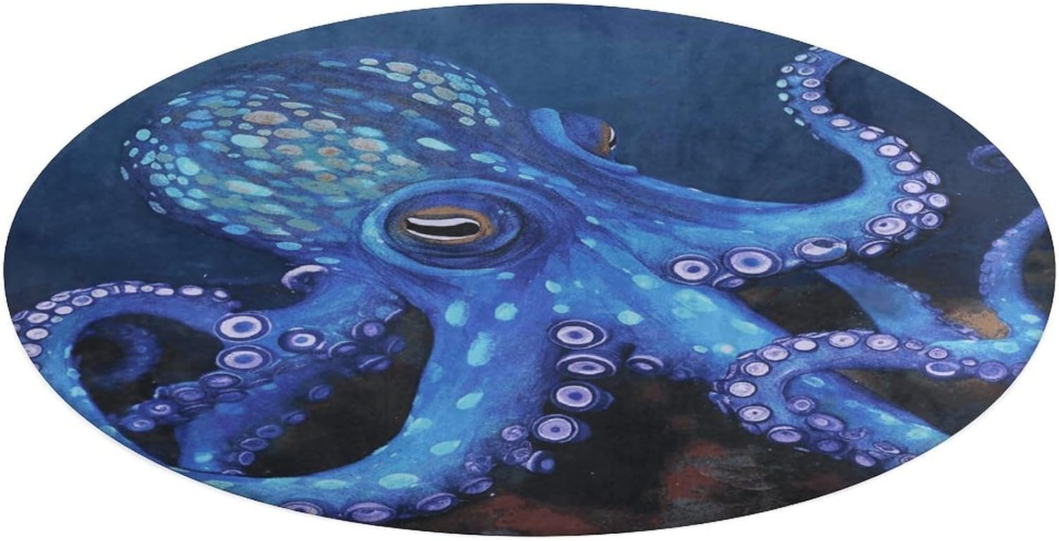 Blue Octopus Coral Velvet Round Floor Mat Non-Slip Bath Rug Floor Covering for Bathroom Vanity Guest Suite & Vacation Home