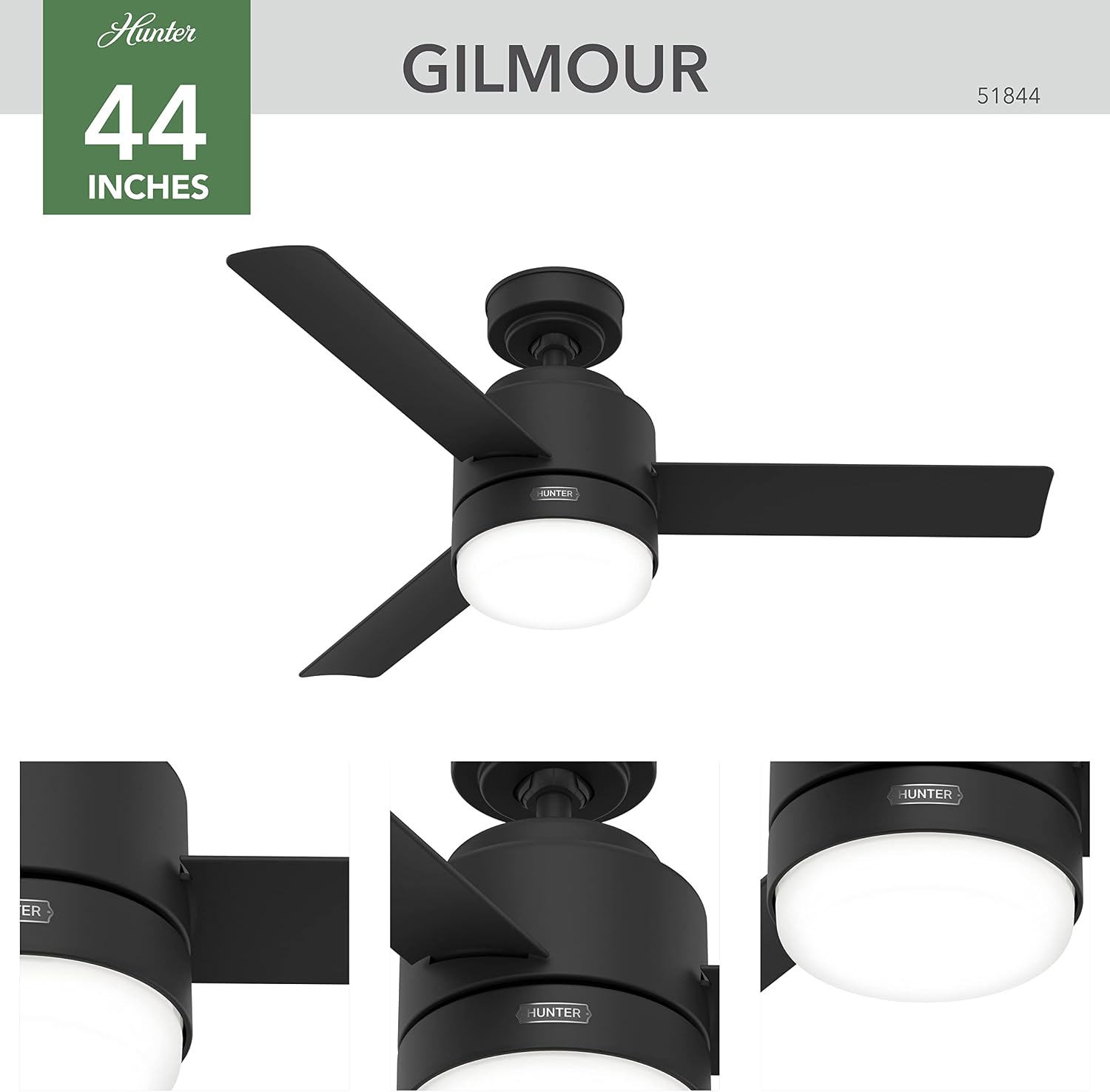 Hunter 44 inch Outdoor or Indoor Ceiling Fan with LED Light and Remote Control- Black Ceiling Fan, Standard Mount, 3 Blades, For Patio, Porch, Garage, or Living Room, Quiet- Gilmour 51844, Matte Black