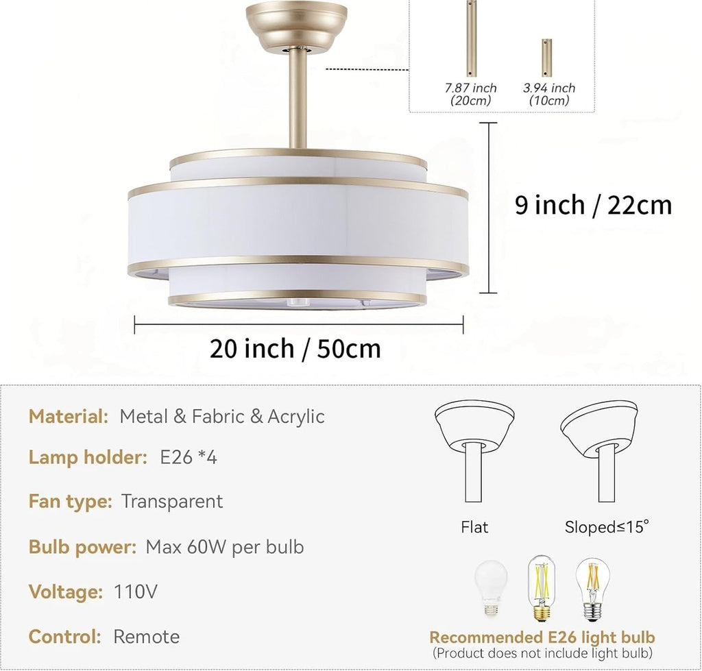 20' Caged Ceiling Fans with Lights and Remote, Fandelier Ceiling Fan with Light, Modern Bladeless Quiet Reversible Motor 6 Speeds for Bedroom, Nursery, Living Room, Gold