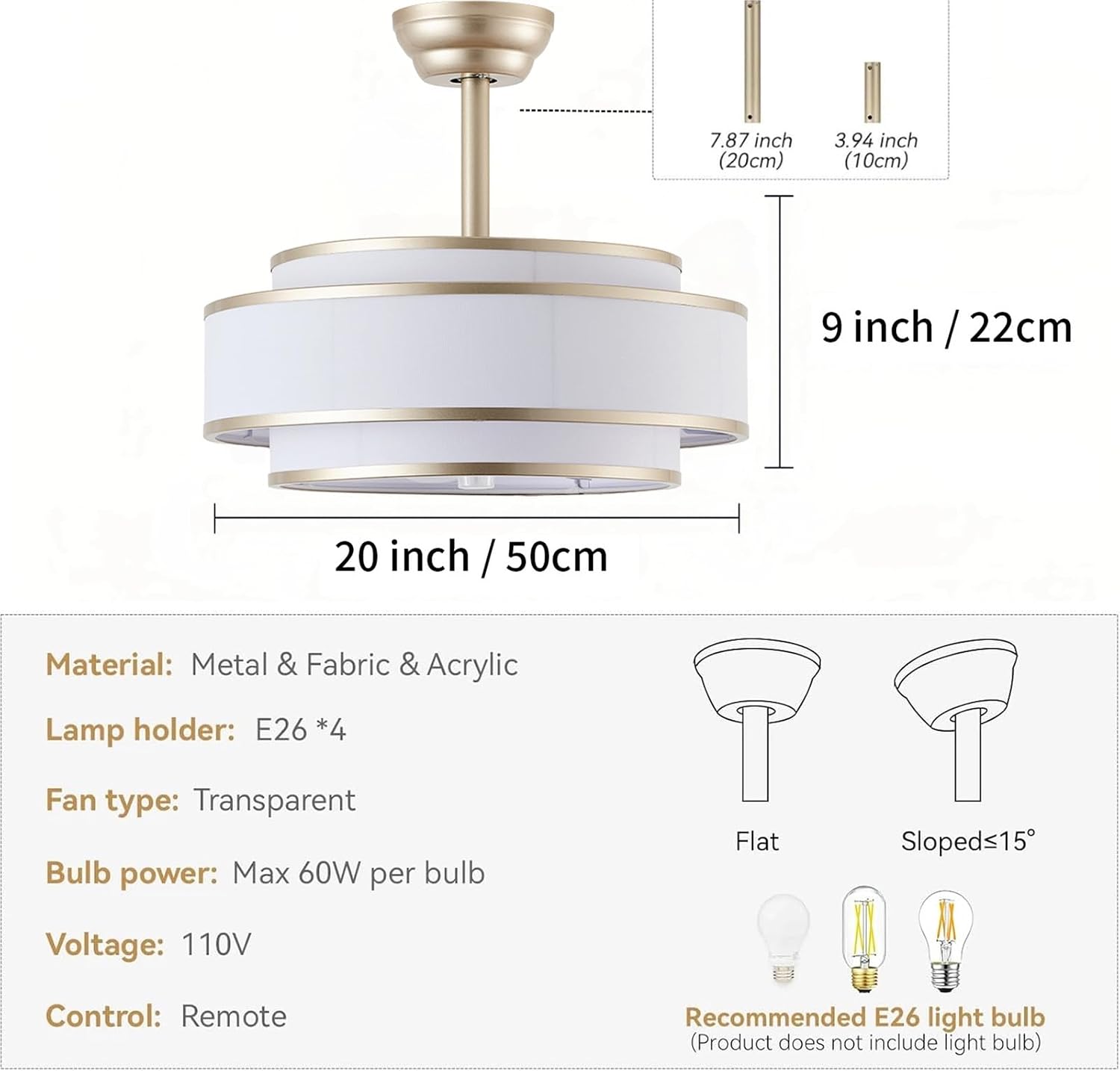 20' Caged Ceiling Fans with Lights and Remote, Fandelier Ceiling Fan with Light, Modern Bladeless Quiet Reversible Motor 6 Speeds for Bedroom, Nursery, Living Room, Gold