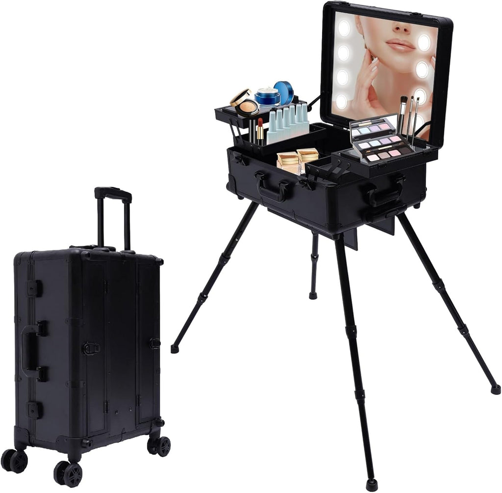 Aluminum Trolley Makeup Train Case with LED Light & Mirror,Professional Cosmetic Travel Box with Retractable Legs, Rolling Lighted Makeup Vanity Station for Travel (Black)