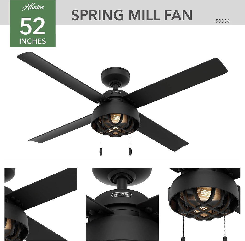 Hunter 52 inch Outdoor or Indoor Ceiling Fan with LED Light and Pull Chain - Black Ceiling Fan, Standard Mount, 4 Blades, For Patio, Porch, Garage, or Living Room - Spring Mill 50336, Matte Black