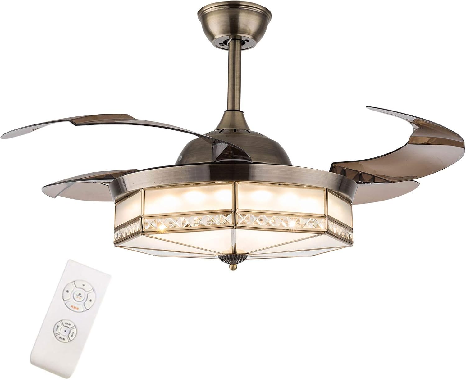 TFCFL 42' Vintage Retractable Ceiling Fan Light, Tiffany Style Chandelier Fan with Controller 3-Color Lighting 3-Speed for Bedroom Living Room (Bronze)
