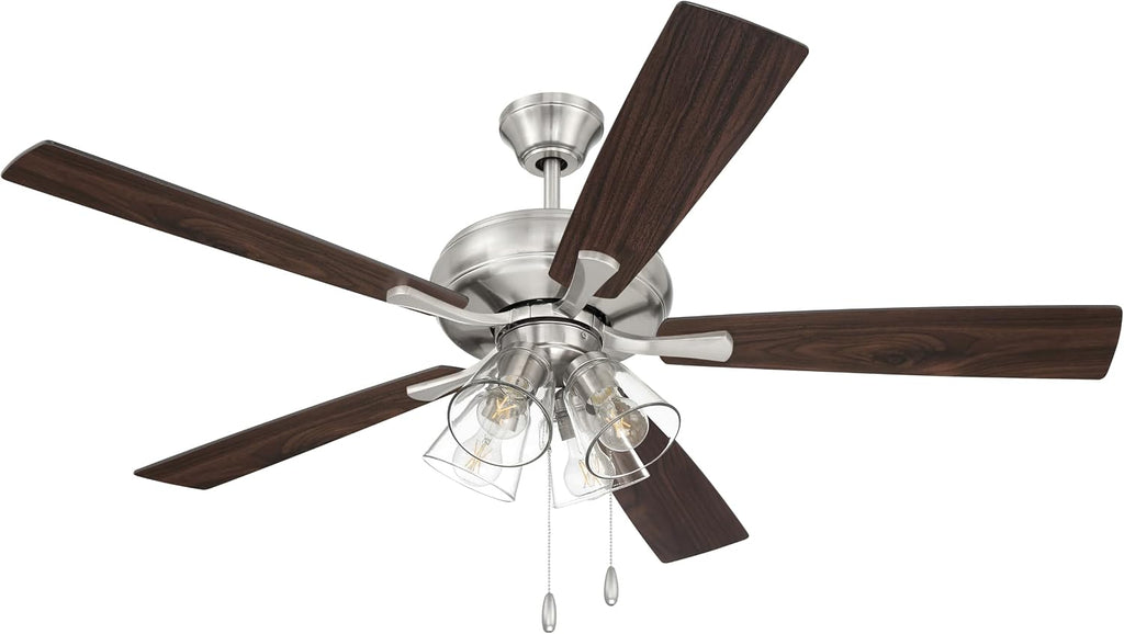 Craftmade 52' Eos 4 Light Ceiling Fan in Brushed Polished Nickel Finish with Reversible Driftwood/Walnut Blades
