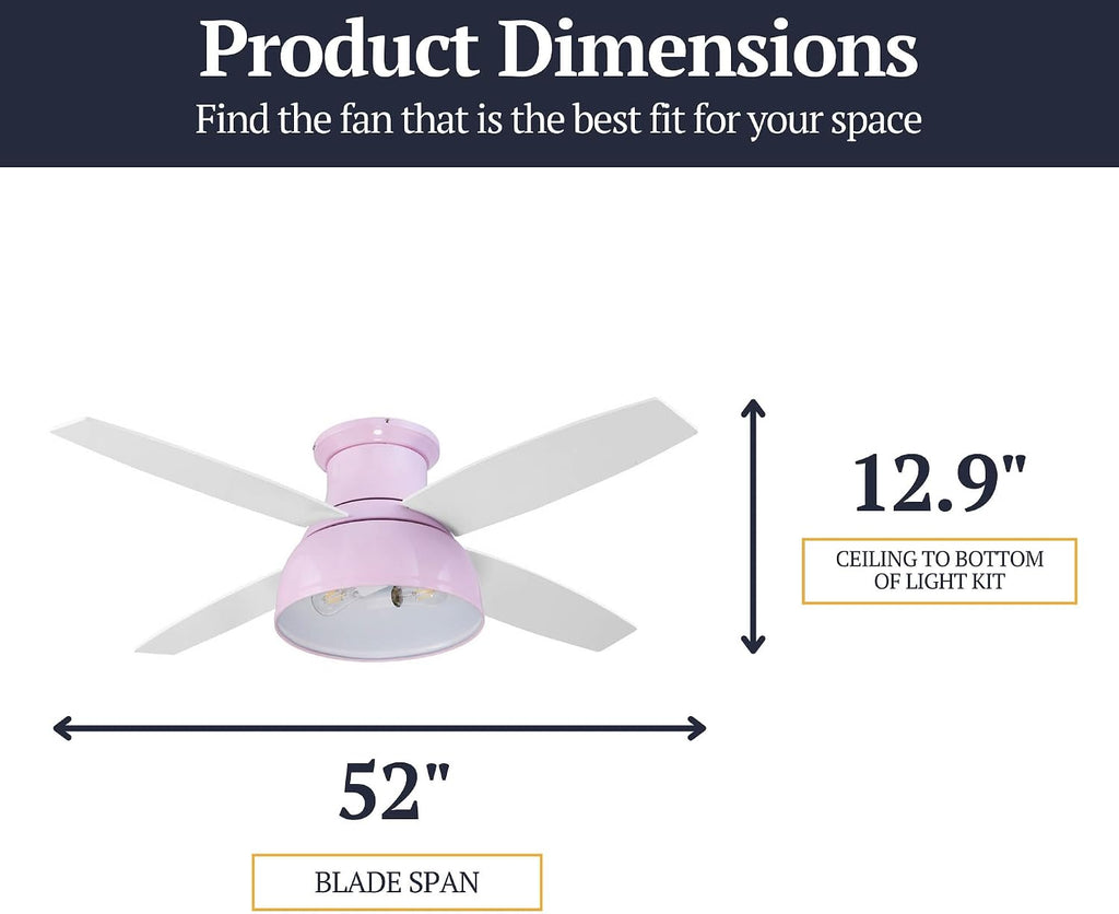 Prominence Home Edora, 52 Inch Industrial Style Flush Mount LED Ceiling Fan with Light, Remote Control, 4 Modern Blades, Reversible Motor - 51674-01 (Peony Pink)