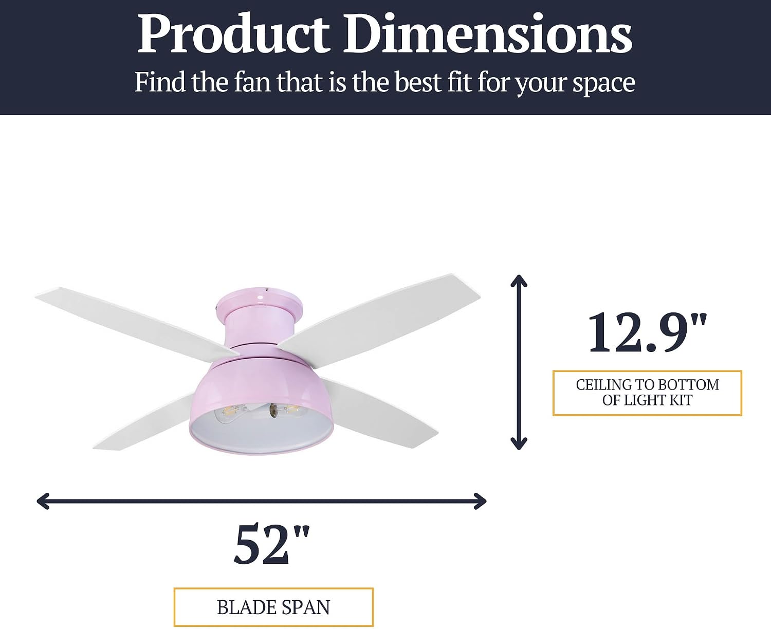 Prominence Home Edora, 52 Inch Industrial Style Flush Mount LED Ceiling Fan with Light, Remote Control, 4 Modern Blades, Reversible Motor - 51674-01 (Peony Pink)