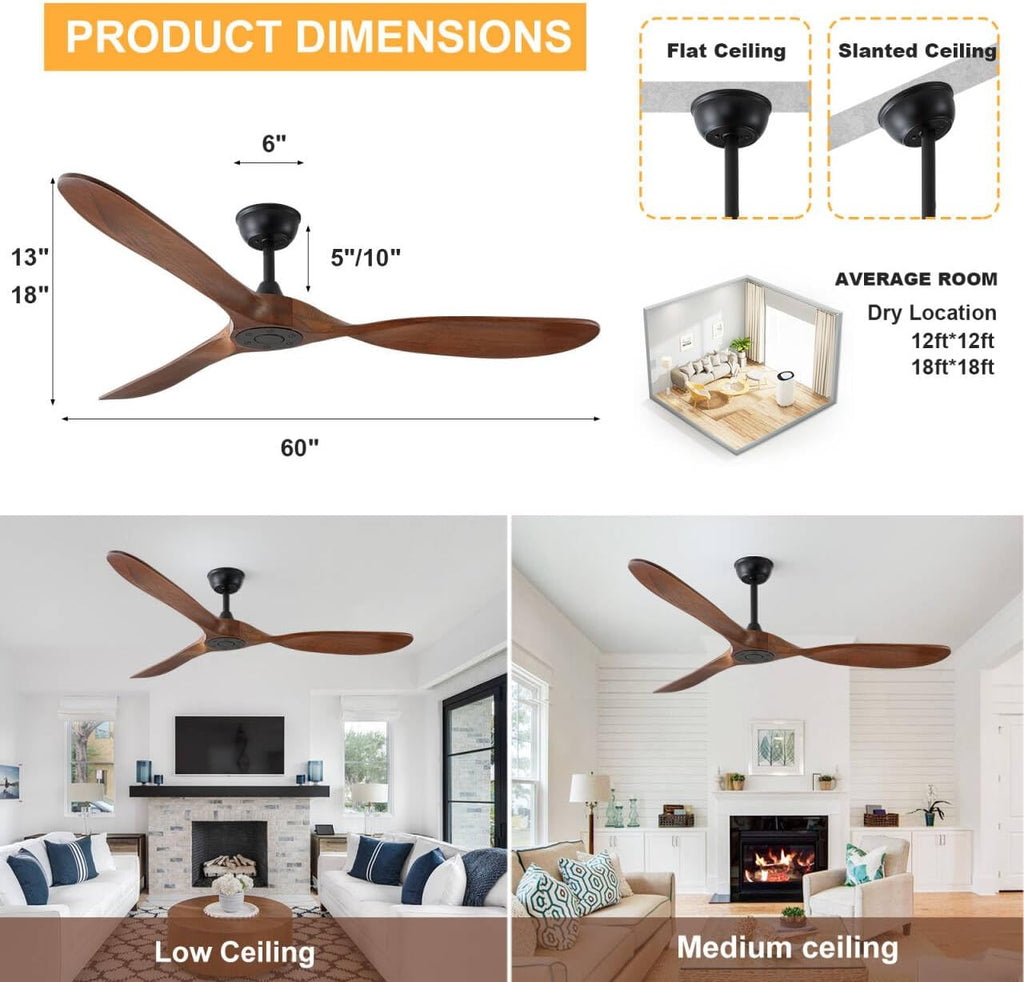 60 inch Ceiling Fan Without Light, Ceiling Fan no Light with Remote Control and Quiet DC Motor, Outdoor Ceiling Fans for Patios Without Lights, Solid Wood 3 Blades, ETL Listed- Walnut Wood