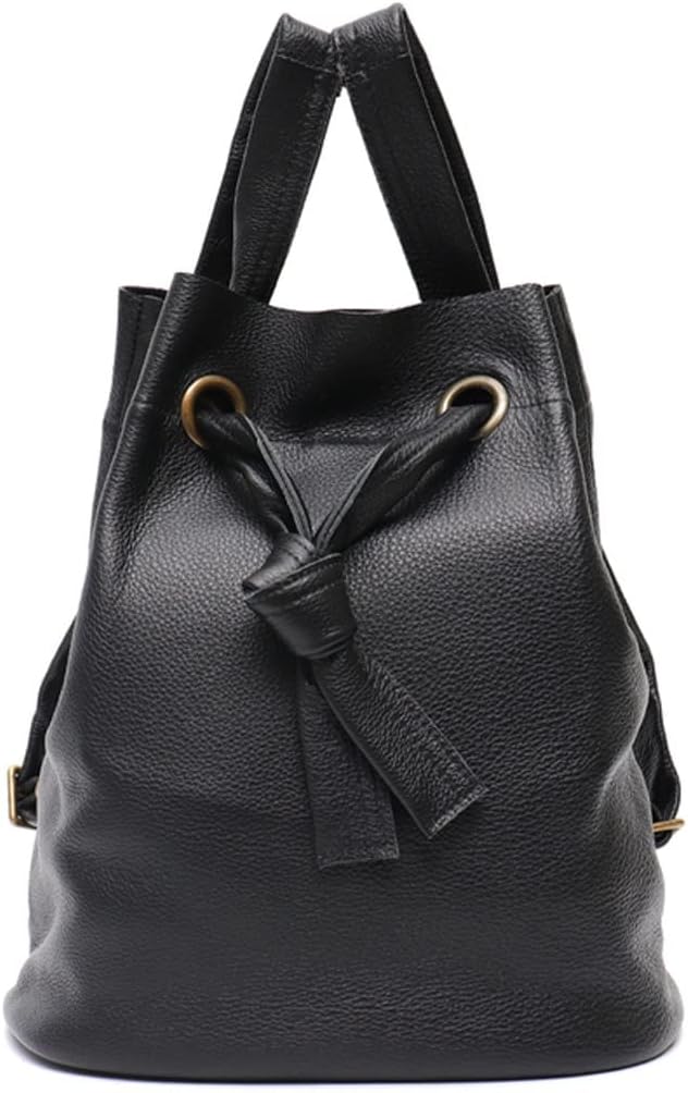 Genuine Leather Backpack Women Fashion Knot Drawstring Casual Shoulder Bag Purse Large School Knapsack(D)
