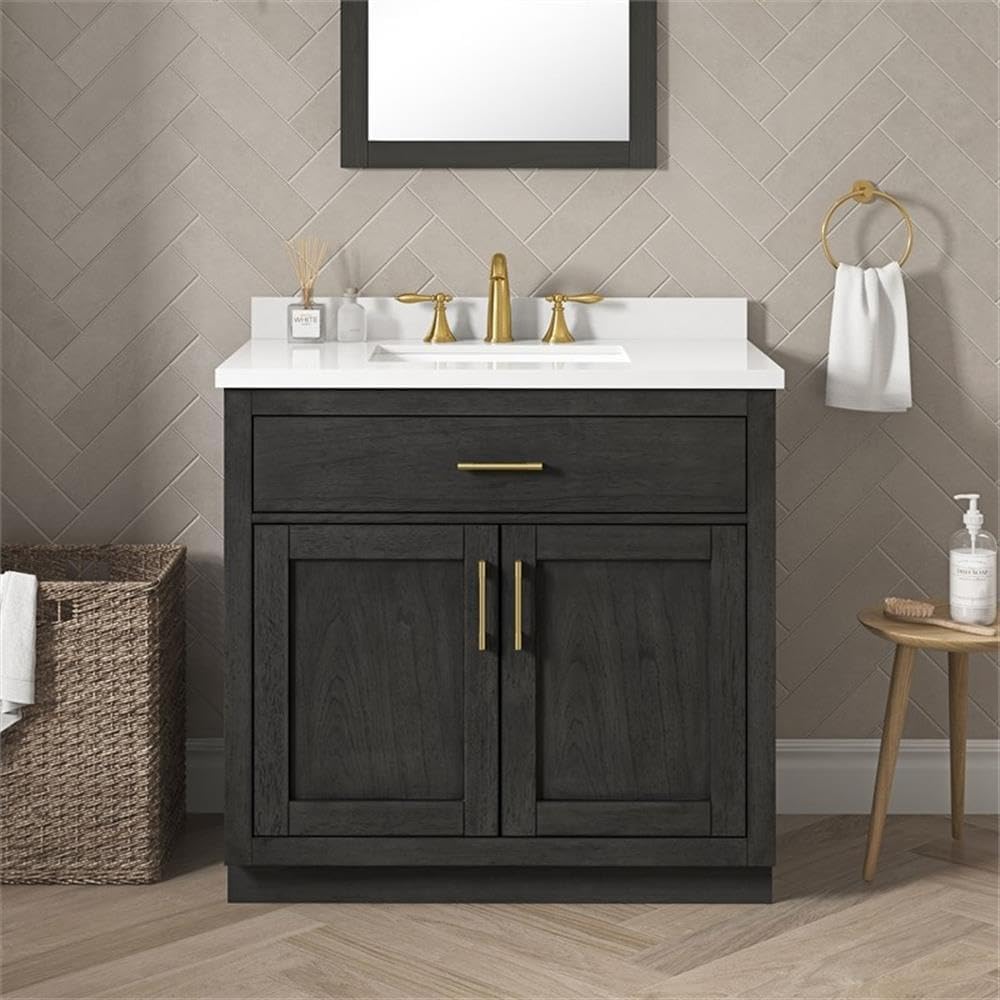 Pemberly Row 36' Bathroom Vanity, Matte Black Wood Finish, White Quartz Countertop, 20' Rectangular Undermount Sink, 2 Soft-Close Doors, Adjustable Shelf, Traditional Shaker Style for Small Bathroom