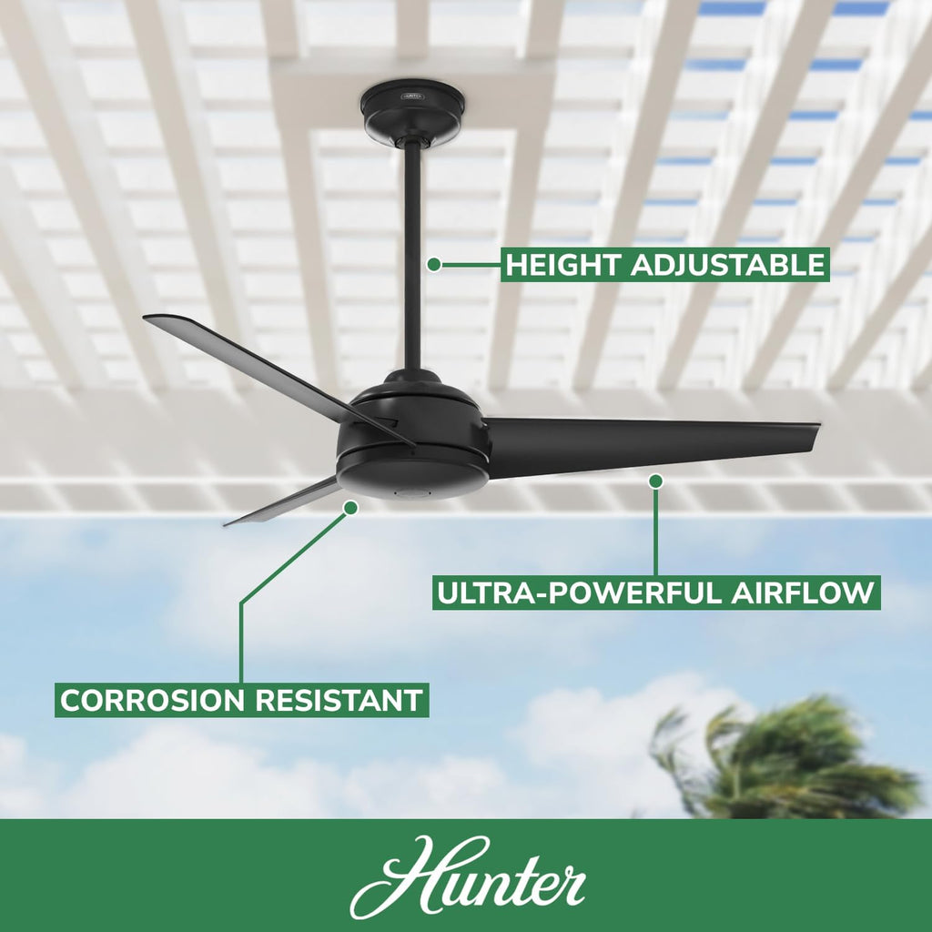 Hunter 52 inch Outdoor or Indoor Ceiling Fan No Light - Black Ceiling Fan without Light, For Patio, Porch, Garage, or Living Room, Standard Mount, 3 Blades, Wall Control - Trimaran 59609, Matte Black