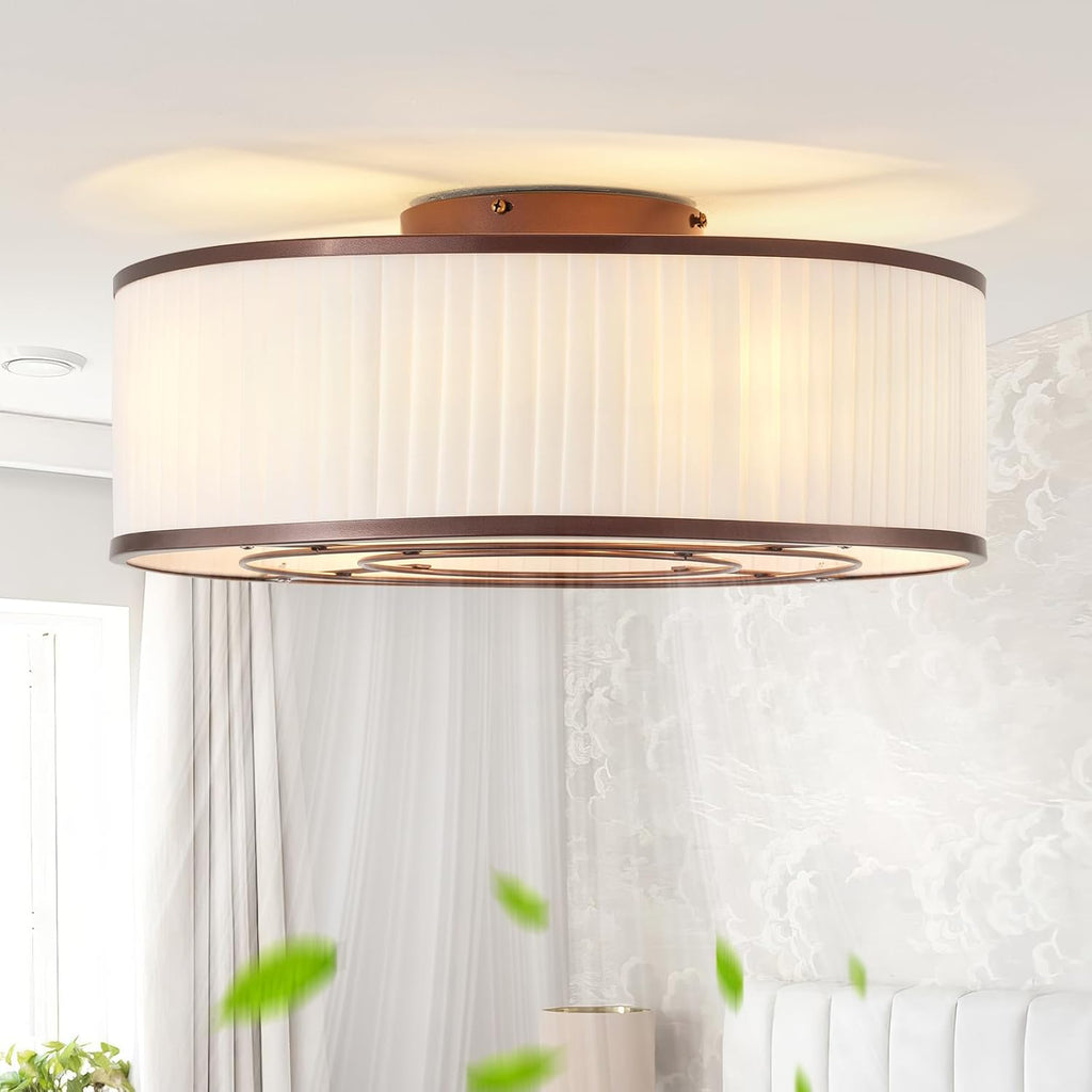 Boho Ceiling Fan with Light Flush Mount, 20' Brown Caged Ceiling Fan with Lights Remote Control, Bladeless Ceiling Fans 6 Speeds for Bedroom, Living Room, Nursery