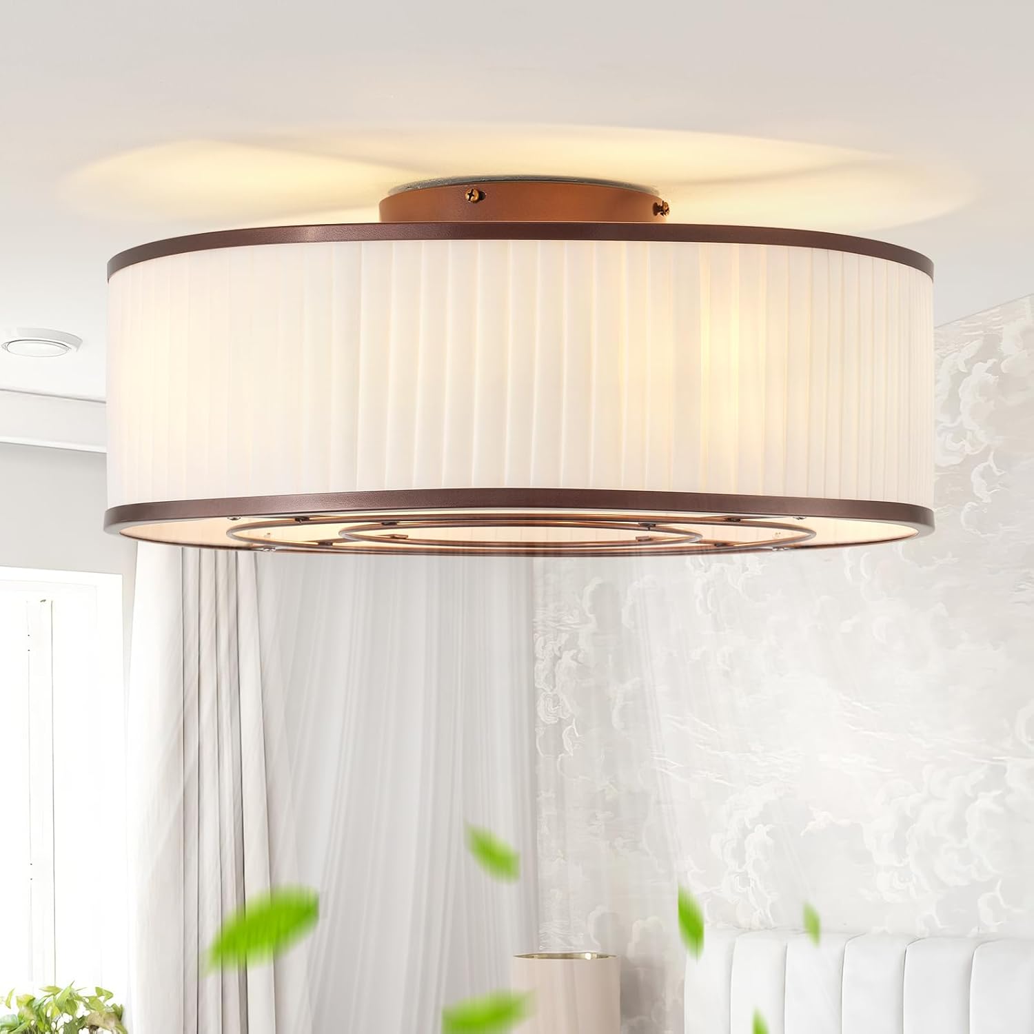 Boho Ceiling Fan with Light Flush Mount, 20' Brown Caged Ceiling Fan with Lights Remote Control, Bladeless Ceiling Fans 6 Speeds for Bedroom, Living Room, Nursery