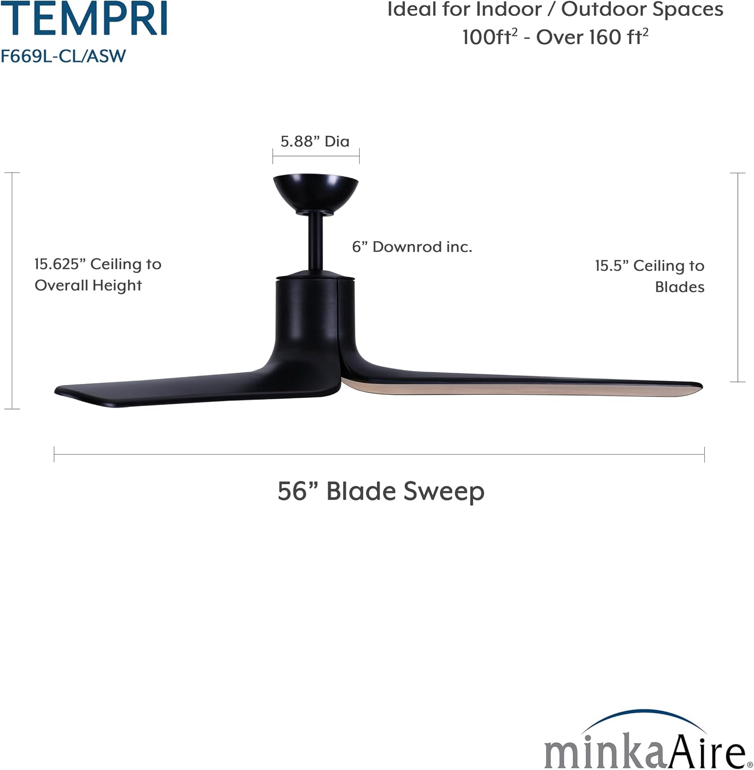 MINKA-AIRE F669L-CL/ASW Tempri 56' 3-Blade LED Indoor/Outdoor Ceiling Fan in Coal Black and Ashwood Finish Blades with Etched Lens