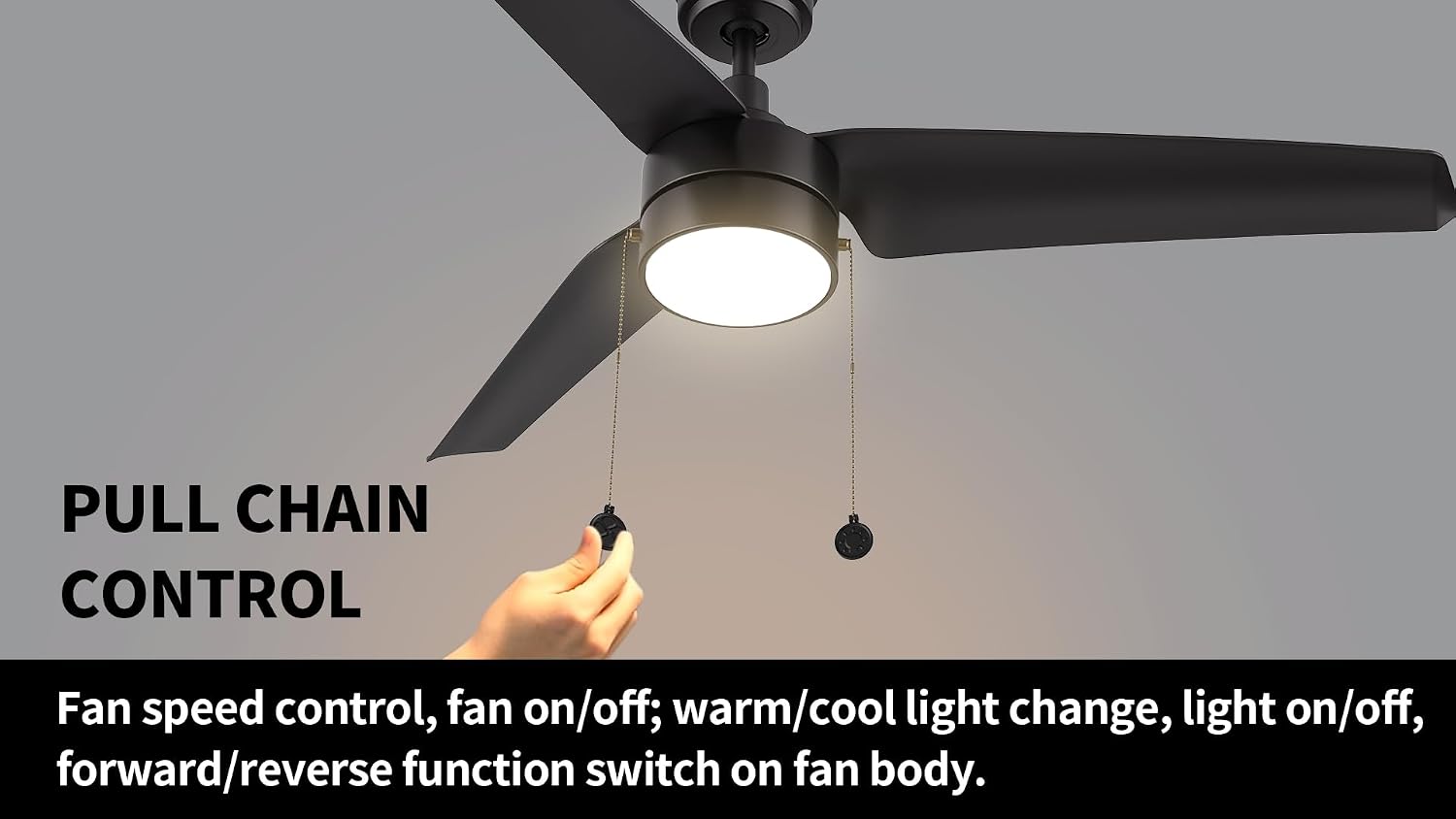 SMAAIR Indoor 52 Inch Ceiling Fans with Pull Chain, Modern Ceiling Fans with Lights, Dimmable LED Ceiling Fan with 3 Blades for Bedroom, Quiet DC Motors, Reversible, Black