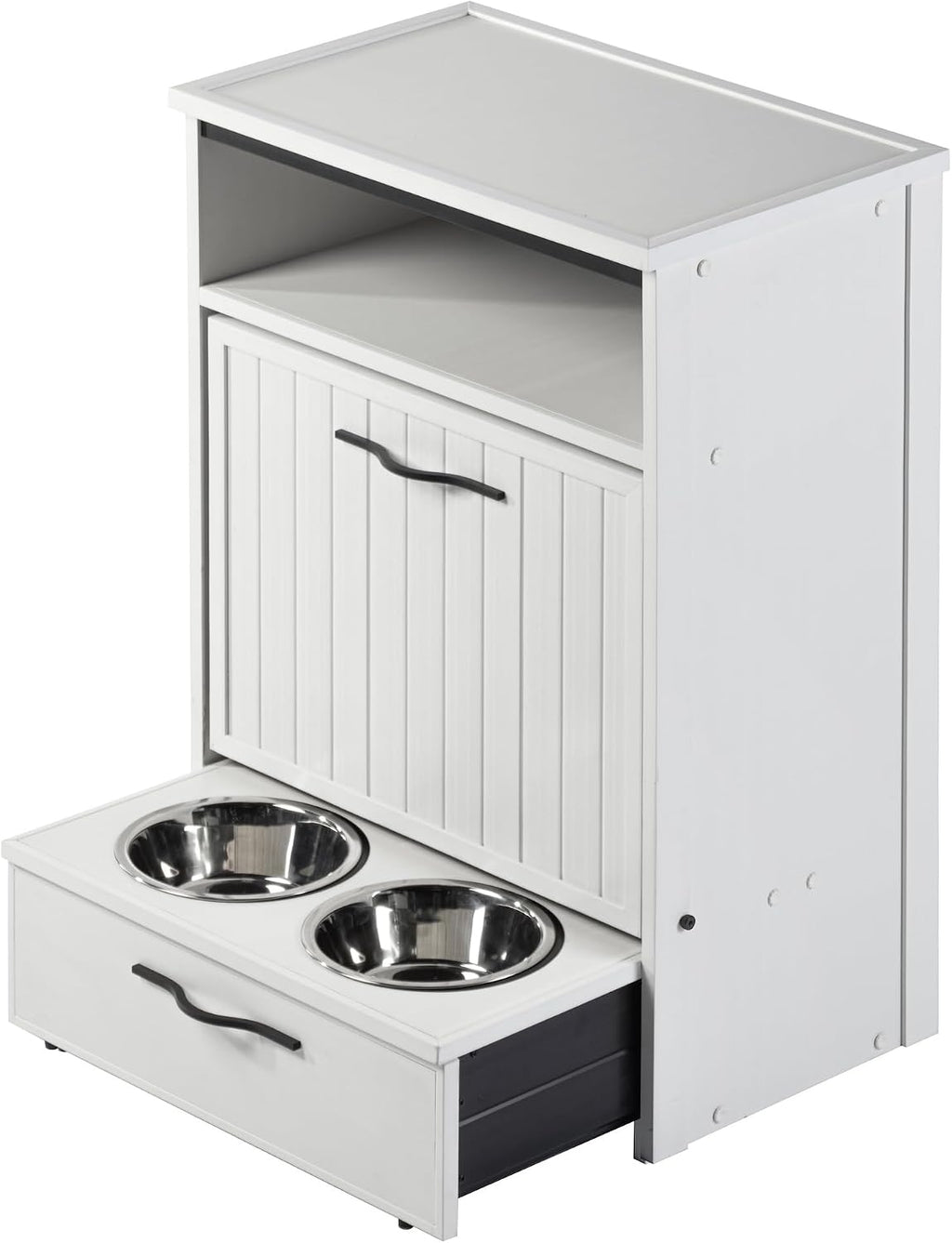 New Age Pet ECOFLEX Brea Dog Food Pantry in Antique White, Two 32 oz Bowls, Moisture Resistant, Easy Assembly, Holds 25 lbs