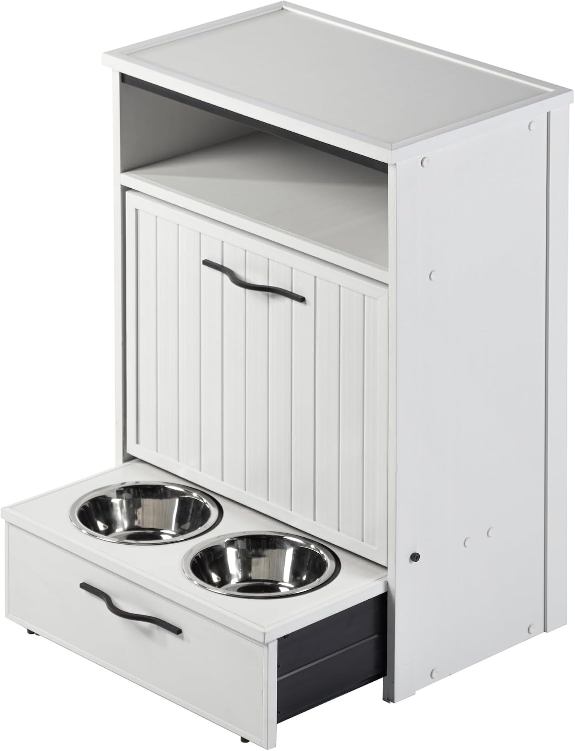 New Age Pet ECOFLEX Brea Dog Food Pantry in Antique White, Two 32 oz Bowls, Moisture Resistant, Easy Assembly, Holds 25 lbs