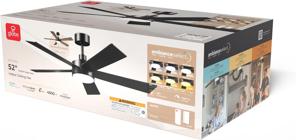 Globe Electric Veloria 52 in. Ceiling Fan with LED Light, Remote Control, WhisperQuiet DC Motor, 6 Speeds, Matte Black, Reversible Blades