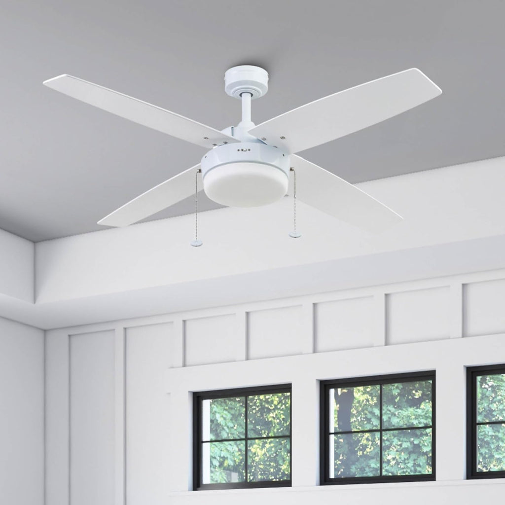 Prominence Home Memphis, 52 Inch Contemporary Indoor LED Ceiling Fan with Light, Pull Chain, Dual Mounting Options, 4 Dual Finish Blades, Reversible Motor - 51651-01 (Bright White)