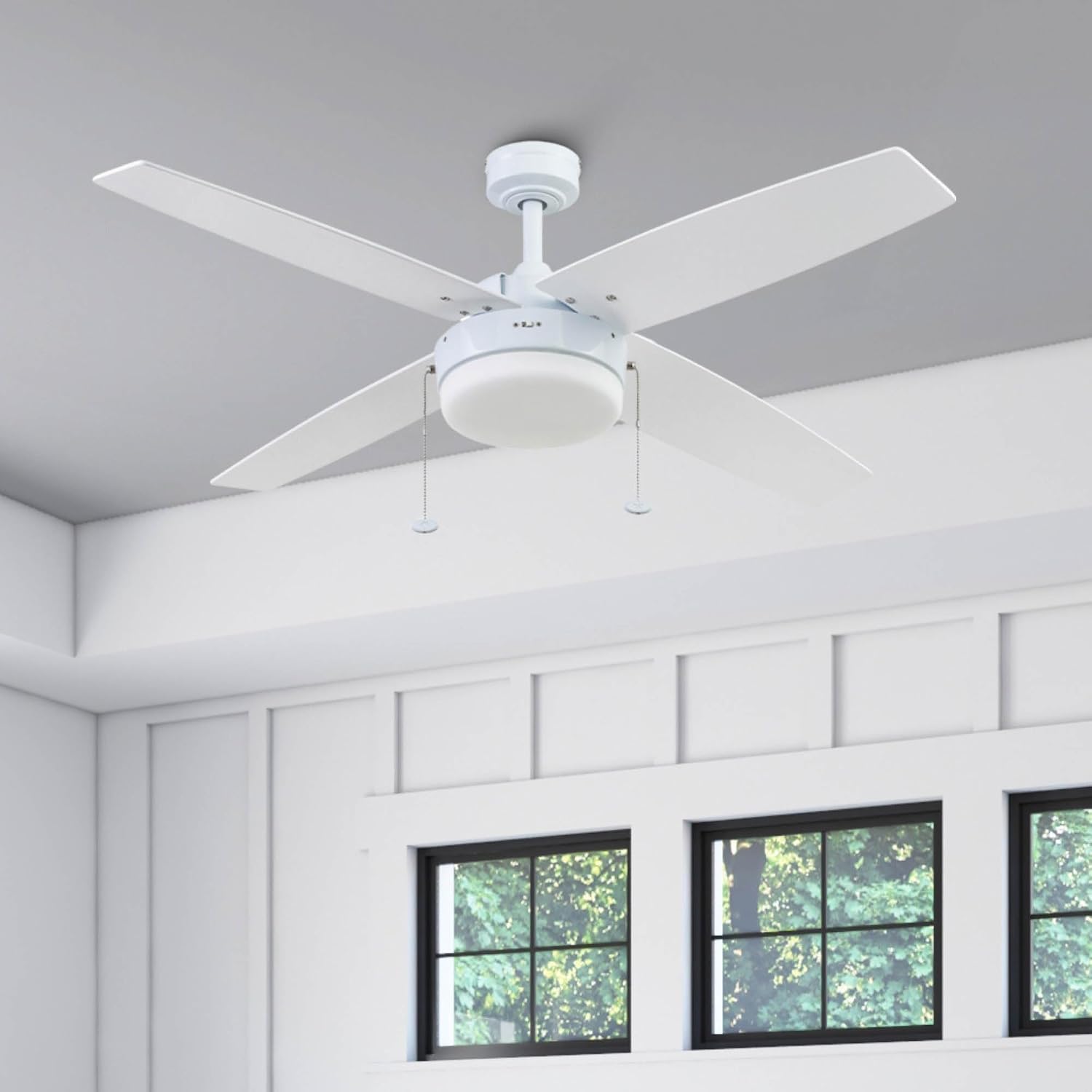 Prominence Home Memphis, 52 Inch Contemporary Indoor LED Ceiling Fan with Light, Pull Chain, Dual Mounting Options, 4 Dual Finish Blades, Reversible Motor - 51651-01 (Bright White)