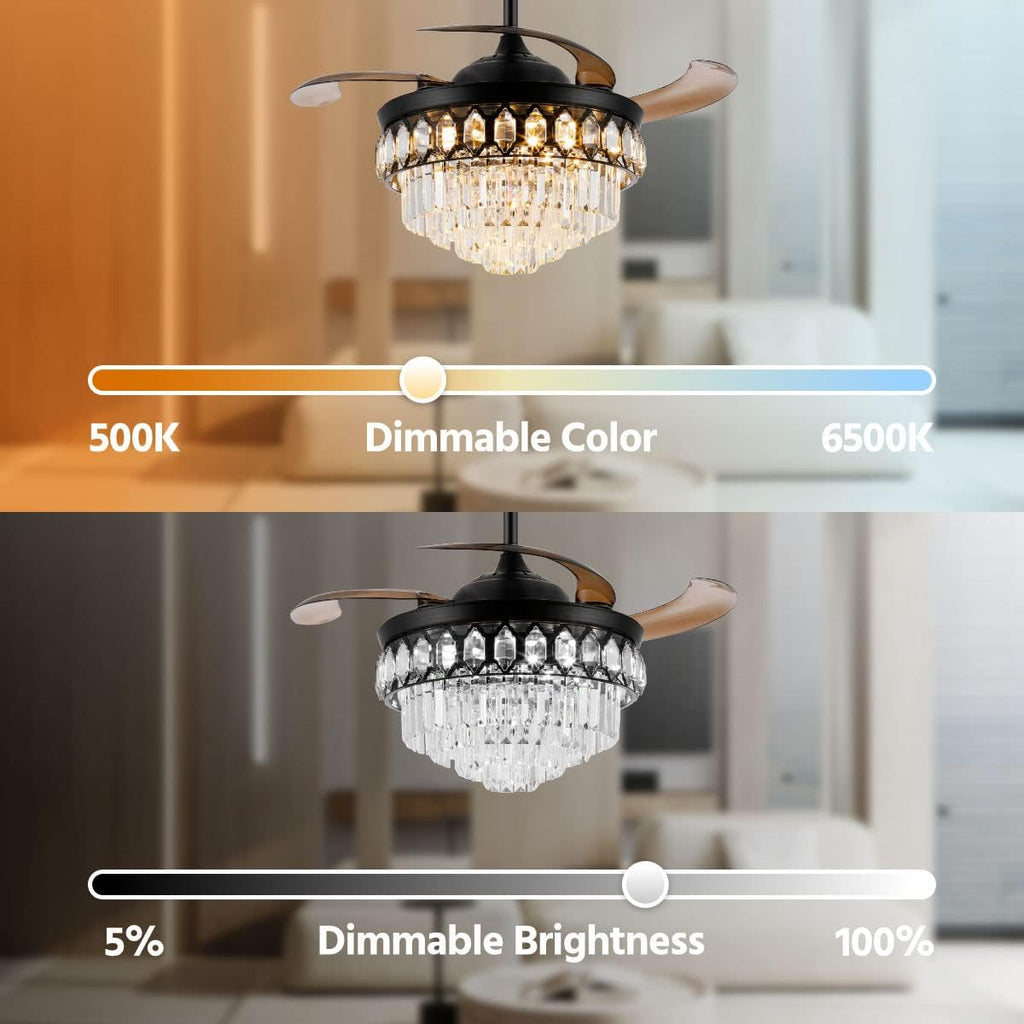 42 Inch Crystal Chandelier Ceiling Fan with Light Retractable Invisible Blade LED Lighting with Remote Control 6 Speed 3 Lighting Change Black Fandelier with Memory Function Black