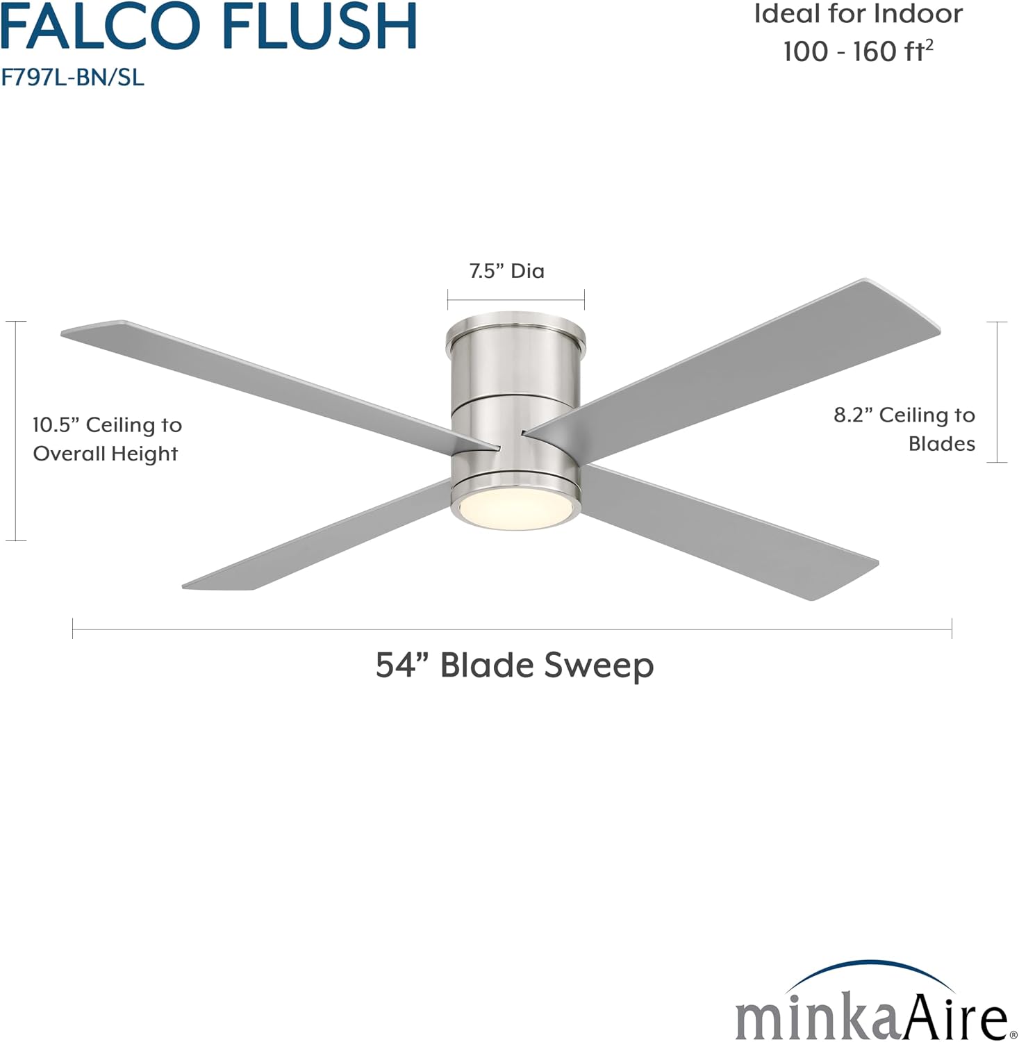 MINKA-AIRE F797L-BN/SL Falco 54' 4-Blade LED Flush Mount Ceiling Fan - Brushed Nickel and Silver Finish Blades with Etched Lens