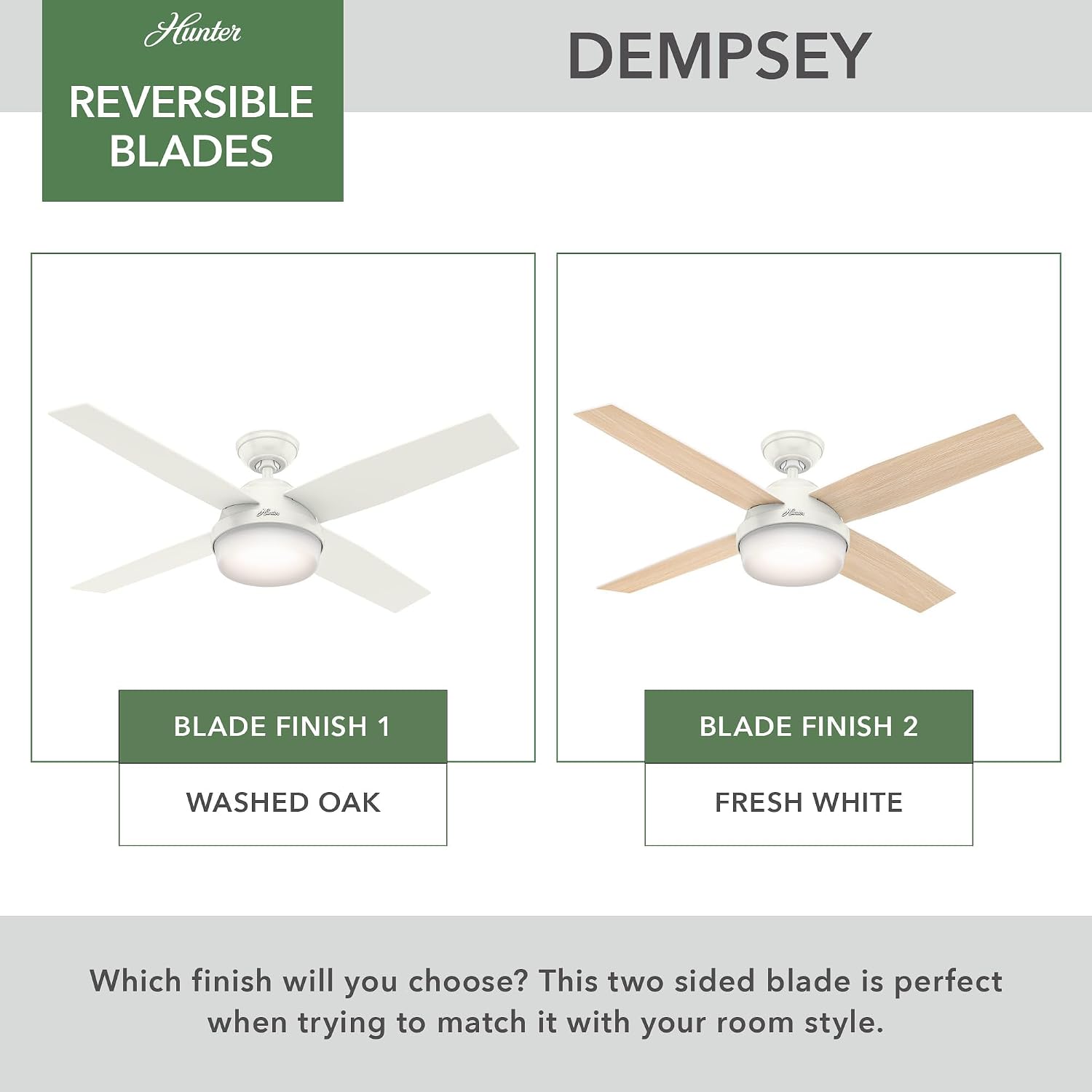 Hunter 52 inch Outdoor or Indoor Ceiling Fan with LED Light and Remote Control - White Ceiling Fan, Standard Mount, 4 Blades, For Patio, Porch, Garage, or Living Room - Dempsey 59252, Fresh White