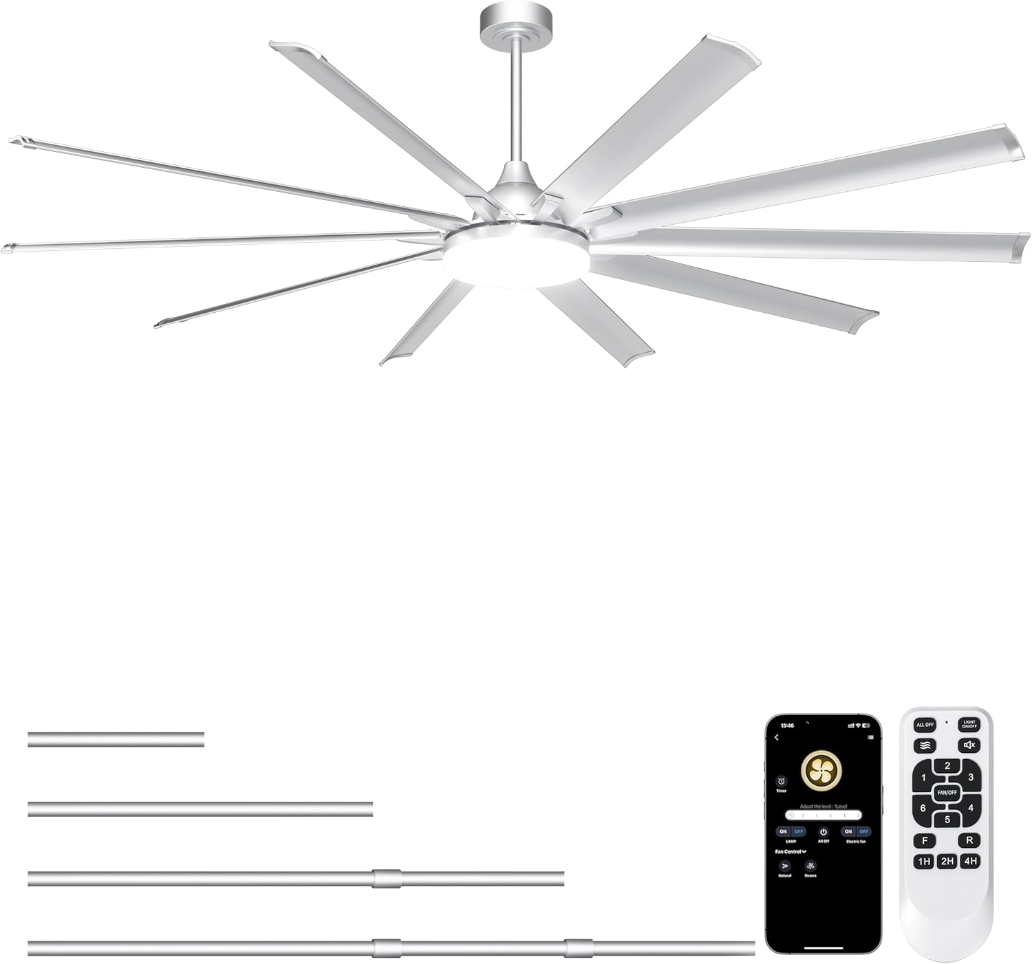 Ohniyou 96'' Industrial Ceiling Fan with Bright Lights - Remote/APP Control, High CFM, Large Ceiling Fan for Shop, Covered Outdoor, Great Room, Silver