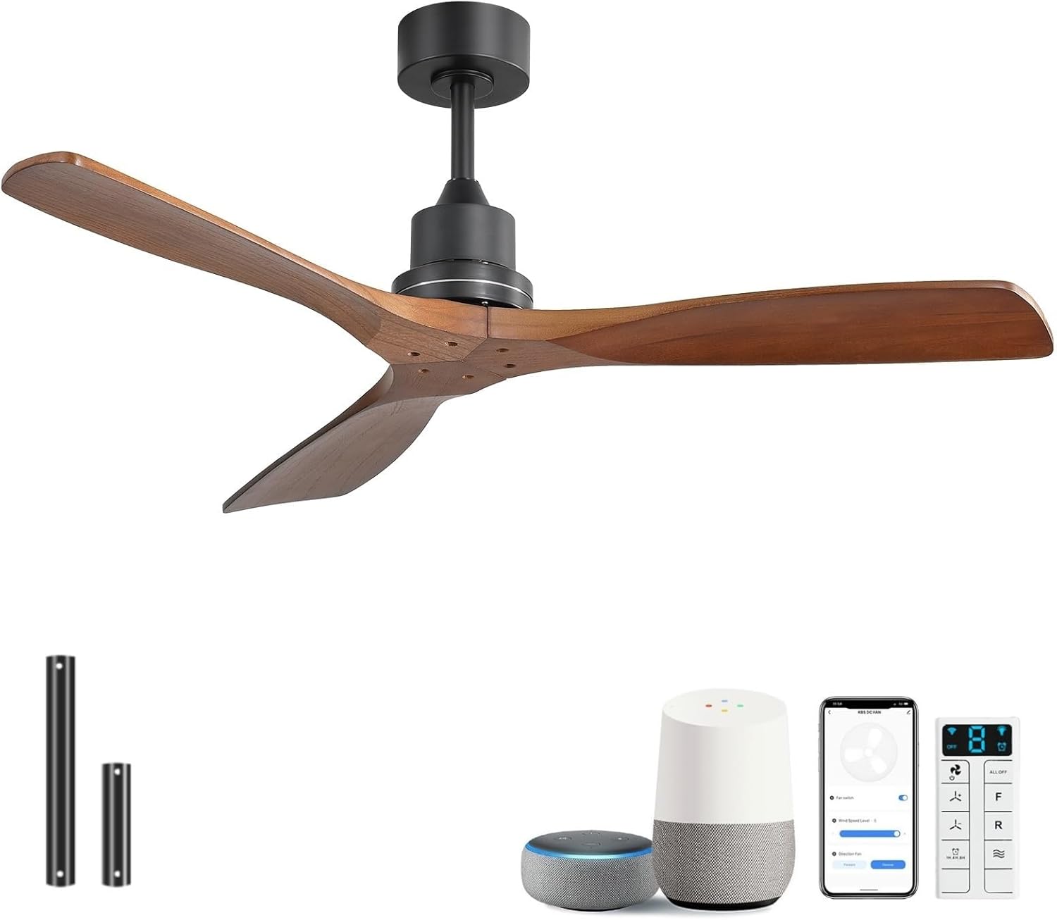 Sofucor 52 Inch Smart Ceiling Fans without Light-Modern Solid Wood Outdoor 3 Blades Ceiling Fan No Light, Alexa/Google Assistant/APP/Remote Control for Bedroom Living Room Farmhouse Patio,Walnut Black