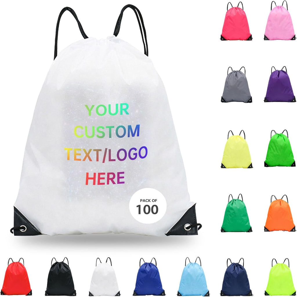 JEOHLORY pack of 100 Custom Bags With Your Logo,customized backpack,promotional items,Drawstring Backpacks,Great for Everyday Use (Custom white)