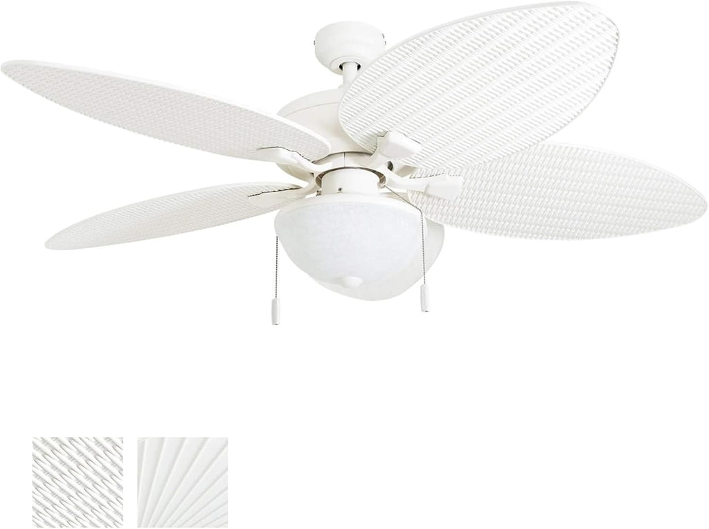 Honeywell Ceiling Fans Inland Breeze Tropical 52 Inch Indoor Outdoor Ceiling Fan with Light, Pull Chain, 5 Blades with Reversible Motor, White