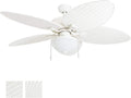Honeywell Ceiling Fans Inland Breeze Tropical 52 Inch Indoor Outdoor Ceiling Fan with Light, Pull Chain, 5 Blades with Reversible Motor, White