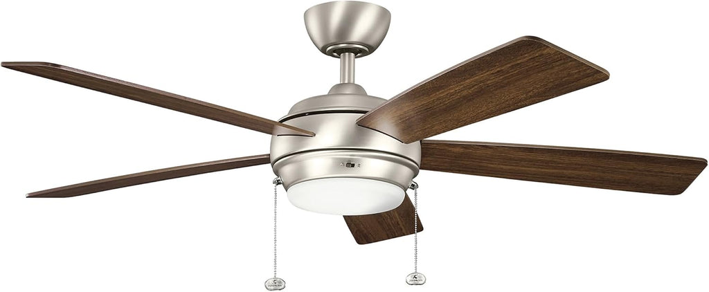 Kichler Starkk 52' Ceiling Fan with LED Lights in Brushed Nickel, 5-Blade Traditional Fan with reversible Silver/Walnut blades, 3000K, (52' W x 13.75' H), 330174NI