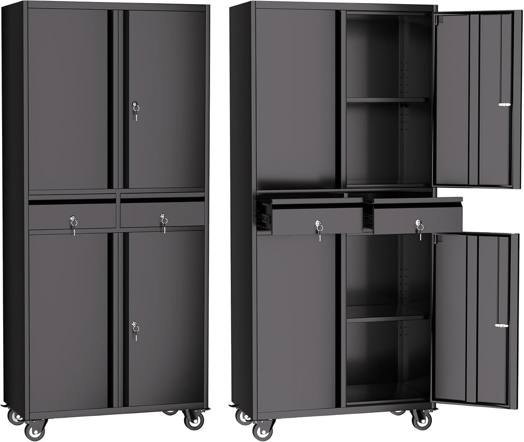 IDEALHOUSE Garage Storage Cabinet, 73 Inch Metal with Locking Doors and Adjustable Shelves, Heavy Duty Tool Cabinet with 2 Drawers