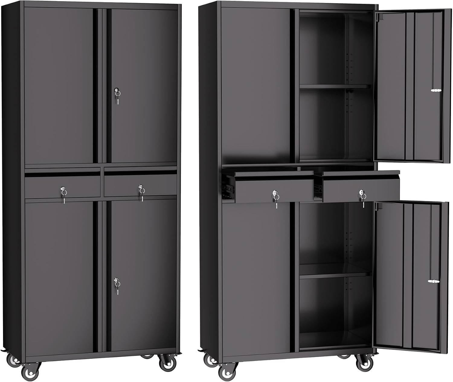 IDEALHOUSE Garage Storage Cabinet, 73 Inch Metal with Locking Doors and Adjustable Shelves, Heavy Duty Tool Cabinet with 2 Drawers