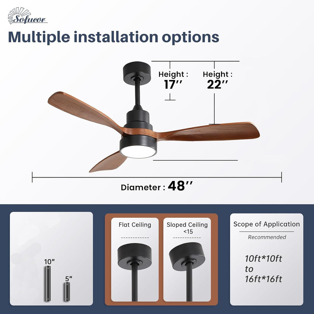 Sofucor 48 Inch Smart Ceiling Fan with Light, Solid Wood Low Profile Ceiling Fans with Lights and Remote, Work with Alexa/Google/App, Quiet DC Motor, 3 Blade Ceiling Fan for Bedroom Living Room Patio