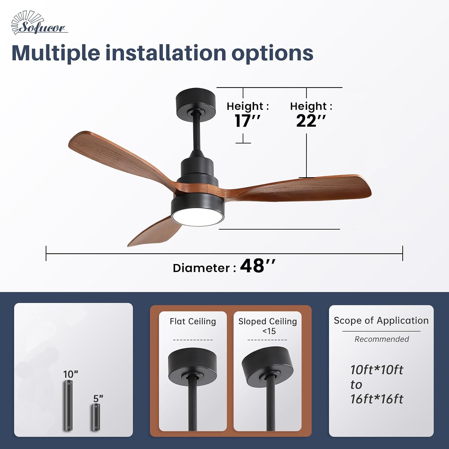 Sofucor 48 Inch Smart Ceiling Fan with Light, Solid Wood Low Profile Ceiling Fans with Lights and Remote, Work with Alexa/Google/App, Quiet DC Motor, 3 Blade Ceiling Fan for Bedroom Living Room Patio