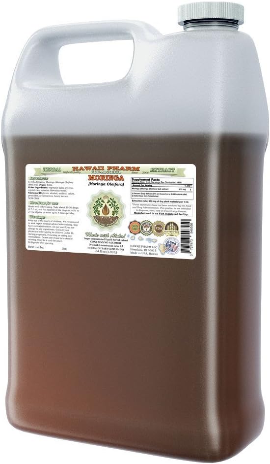 Hawaii Pharm Moringa Alcohol-Free Liquid Extract, Moringa (Moringa Oleifera) Leaf Glycerite Natural Herbal Supplement, USA 64 oz