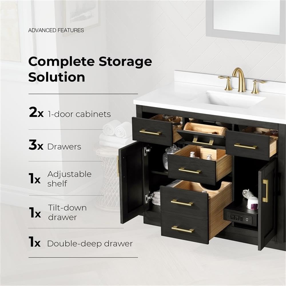 Pemberly Row 42' Bathroom Vanity, Matte Black Wood, White Quartz Countertop, 20' Undermount Sink, Brushed Gold Hardware, Shaker Style, Ample Storage, Ideal for Small Bathroom or Powder Room