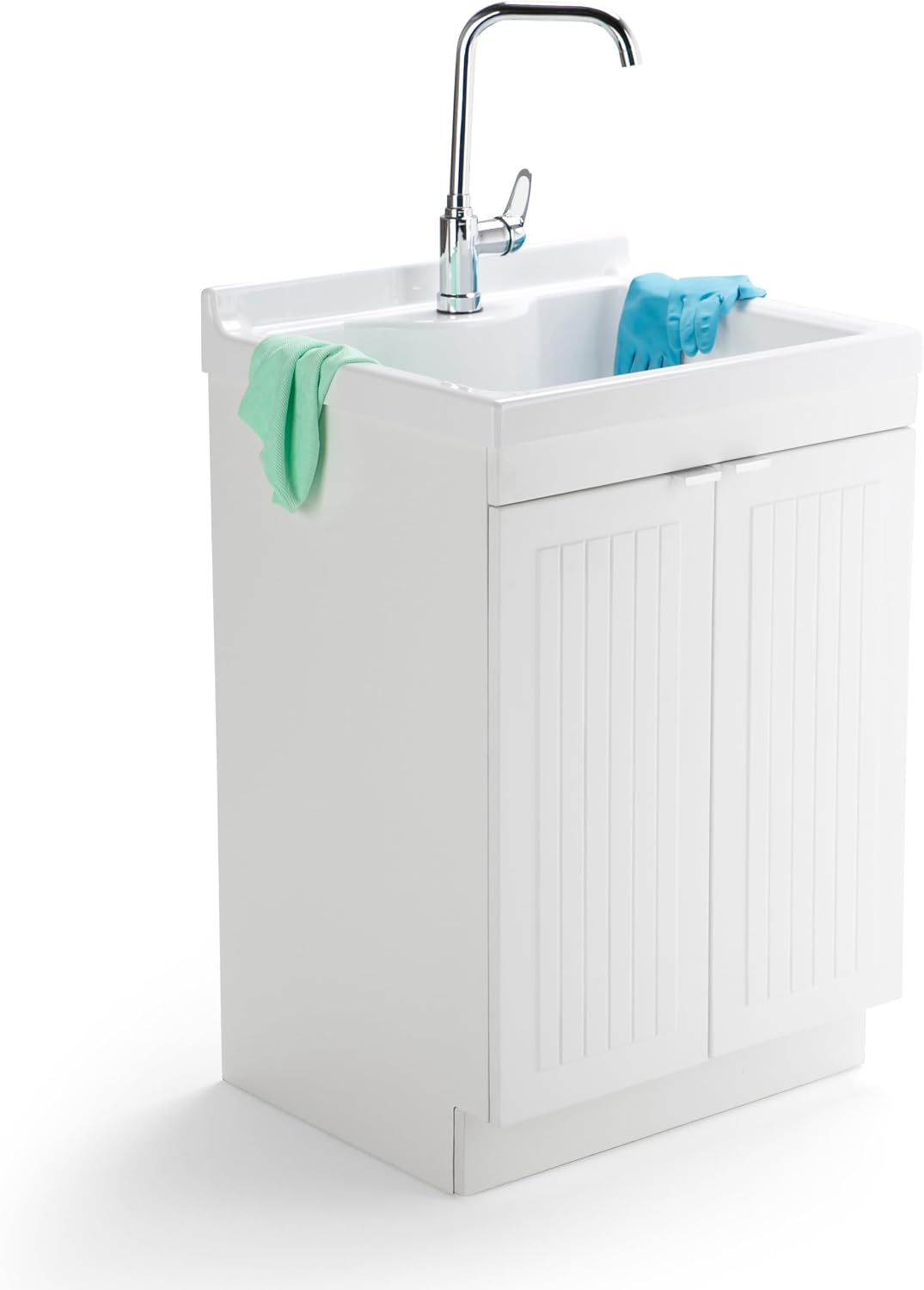 SIMPLIHOME Murphy All-in-One 24 inch Wide Utility Sink and Laundry Cabinet in Pure White Finish, Transitional ABS Sink Cabinet for Laundry Rooms with High-Arch Chrome Faucet and Pull-Out Spray