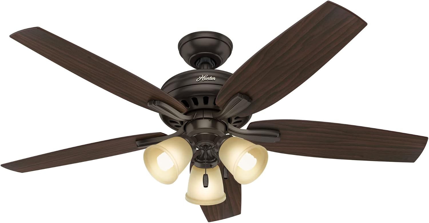 Hunter 52 inch Indoor Ceiling Fan with LED Lights - Bronze Ceiling Fan with Pull Chain, For Bedroom or Living Room, Standard Mount, No Remote, 5 Blades, Includes Bulbs - Newsome 53317, Premier Bronze