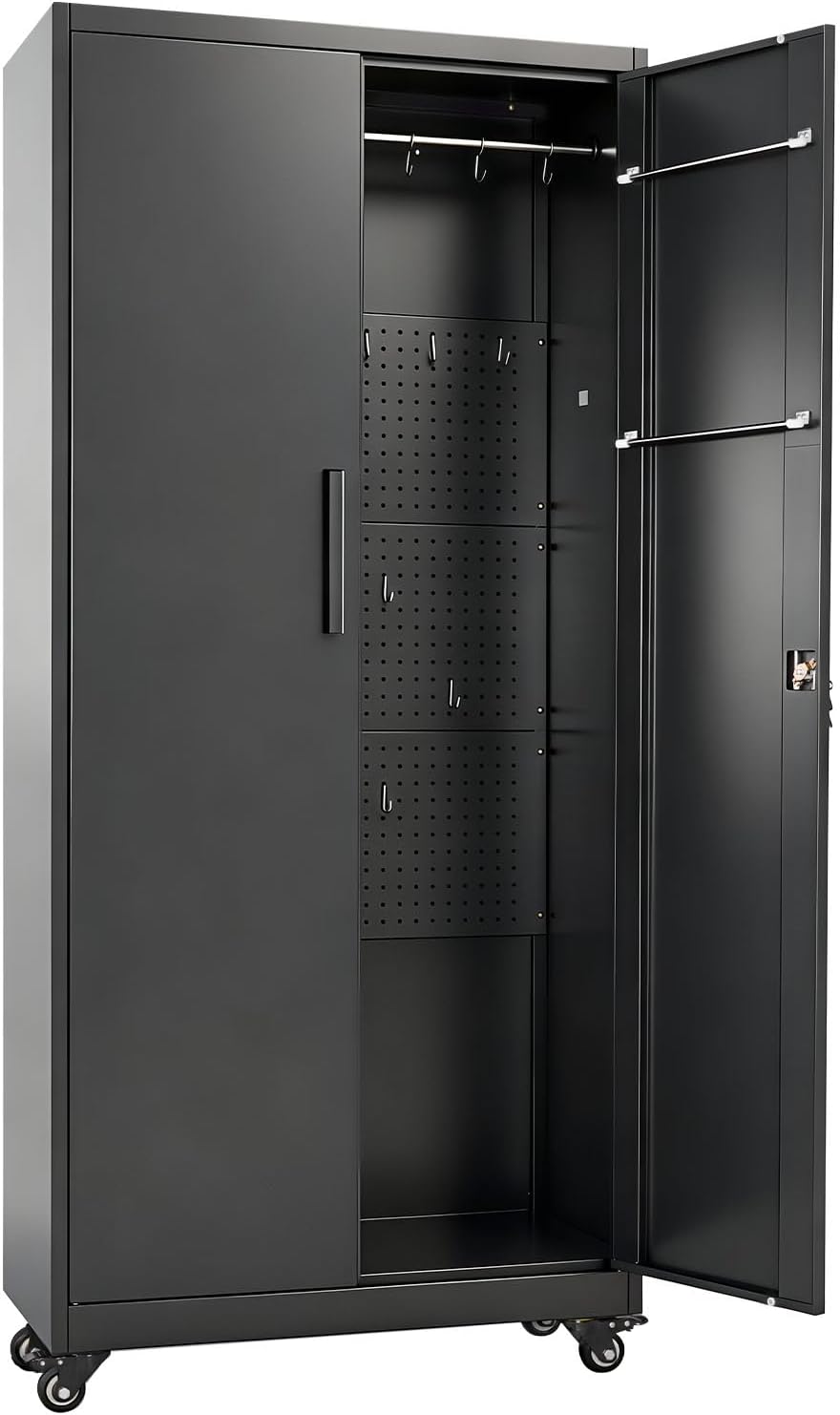 VEVOR Metal Storage Cabinet, 70.6 in Rolling Steel Garage Cabinet with Adjustable Shelves, 2 Magnetic Doors, Hanging Rod & 3 Rod Hooks, 5 Tiers Lockable Tool Storage for Pantry, Warehouse, Basement