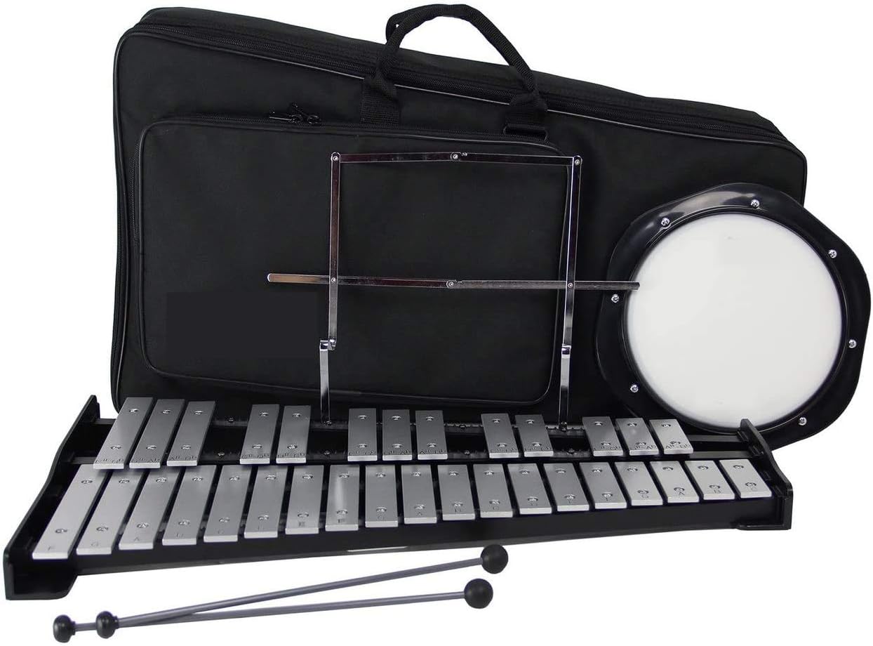 32 Notes Percussion Glockenspiel Bell Kit Xylophone Instrument Set with 8' Practice Pad, Adjustable Stand, Mallets, Drum Sticks and Carrying Bag