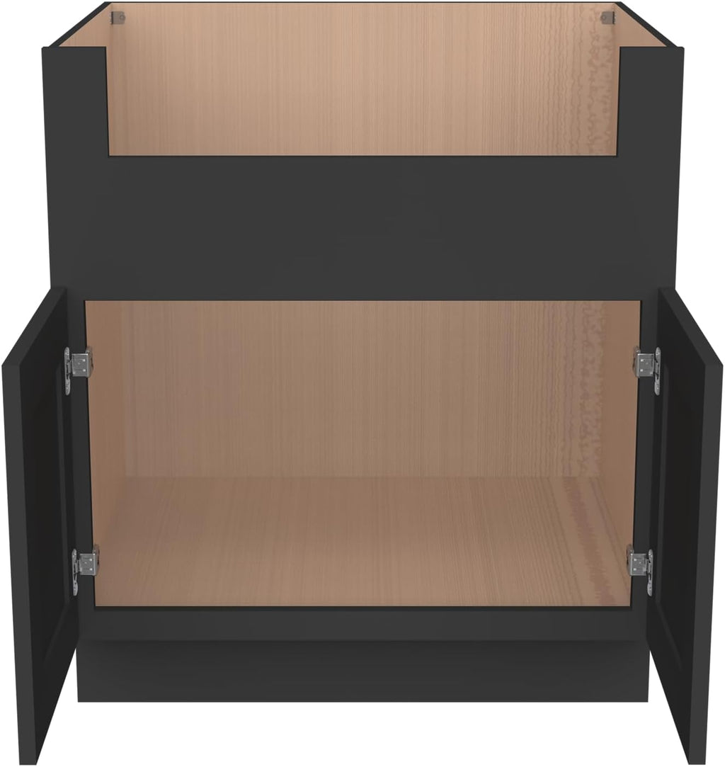 33 Inch RTA Kitchen Sink Base Cabinet - Solid Wood Shaker Style Farmhouse Cabinet with Soft Close Doors, Fits 24-30 Inch Undermount Sinks, Ready to Assemble (Black)