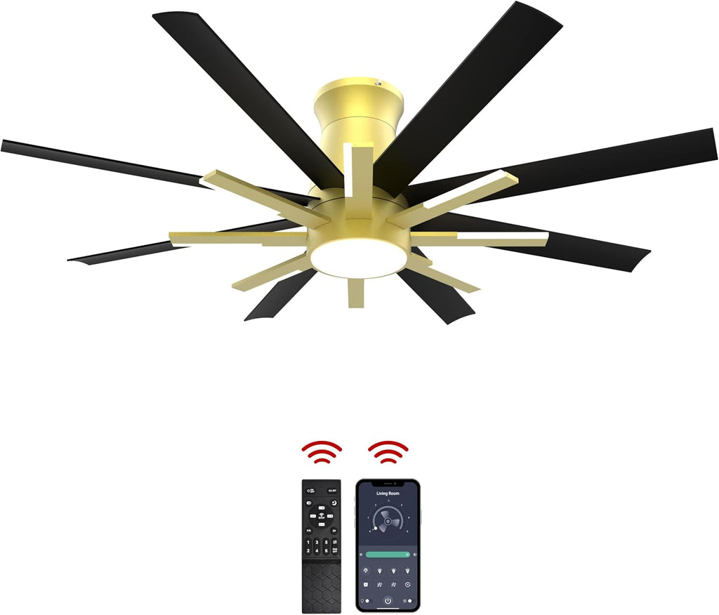 60 inch Black Ceiling Fans with Lights and Remote, Flush Mount Ceiling Fan for Living Room Bedoom，6 Speed Reversible，8 Blades and 9 Lights，3 CCT，Black Gold