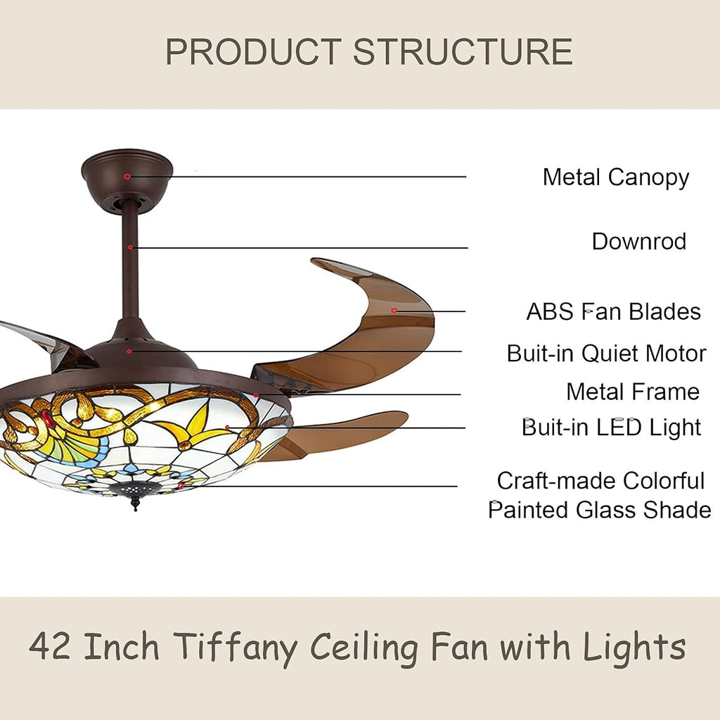TFCFL 42 Inch Tiffany Style Invisible Ceiling Fan with Lights and Remote Control,Retractable Blades 3 Speeds 3 Light Changes Fandelier Chandelier Fan,Indoor Ceiling Lighting Fixture