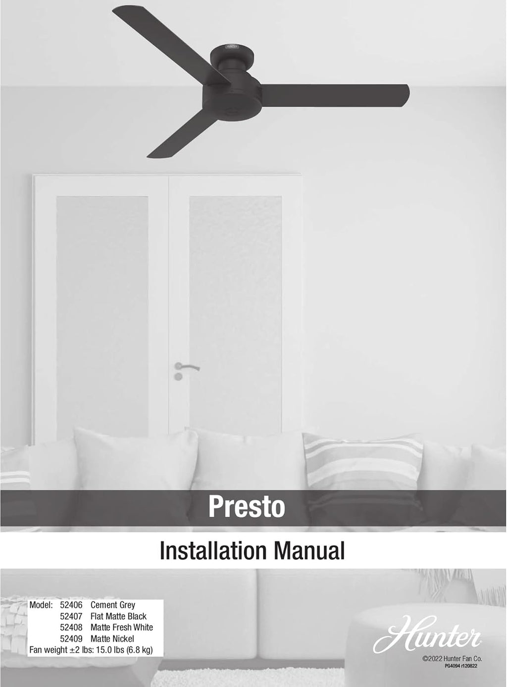 Hunter - Presto Indoor Low Profile Ceiling Fan, Wall Control, 52-inch, Dove Grey, Casual-style, Bedroom Ceiling Fans, 52406, for living rooms, home offices, kitchens
