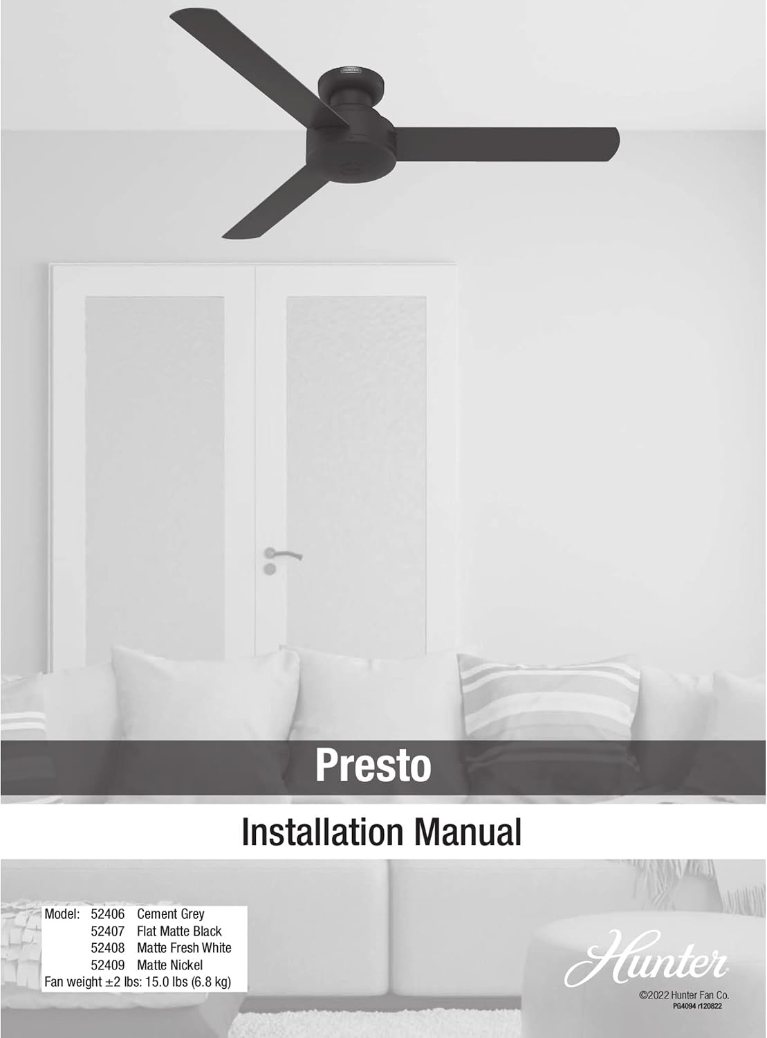 Hunter - Presto Indoor Low Profile Ceiling Fan, Wall Control, 52-inch, Dove Grey, Casual-style, Bedroom Ceiling Fans, 52406, for living rooms, home offices, kitchens